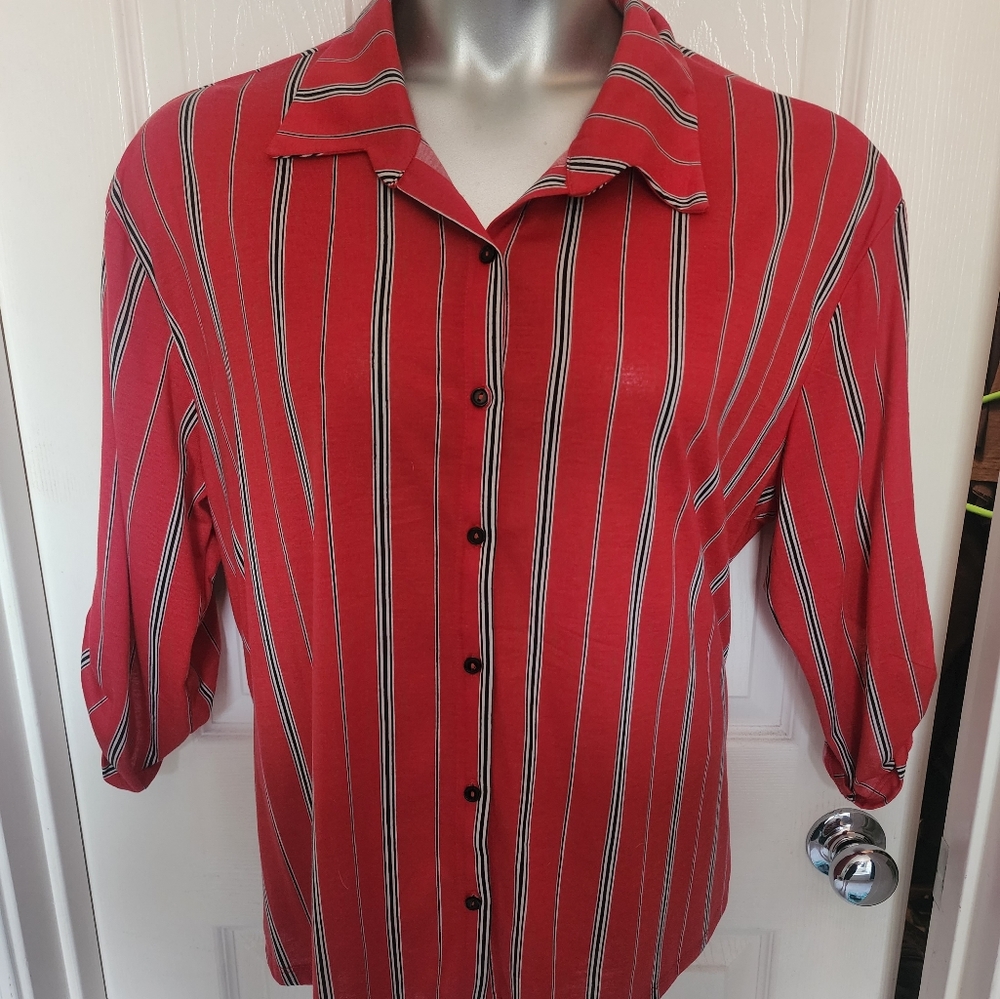 Plus Size, Liberty Love, Striped Button-up Top w/ Decorative Bow Back, 1X